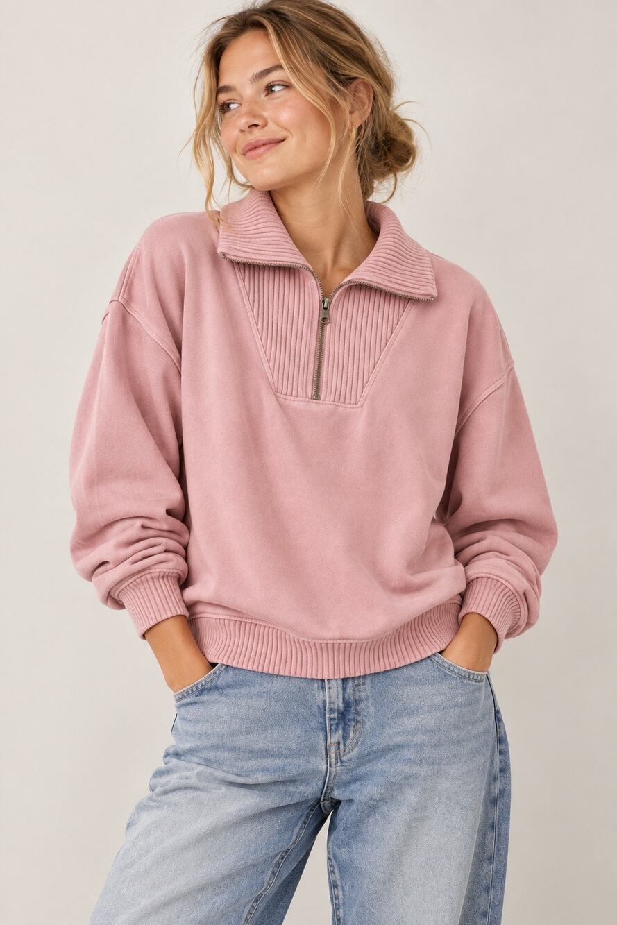 Aerie Down to Earth Quarter Zip Sweatshirt Pink XS